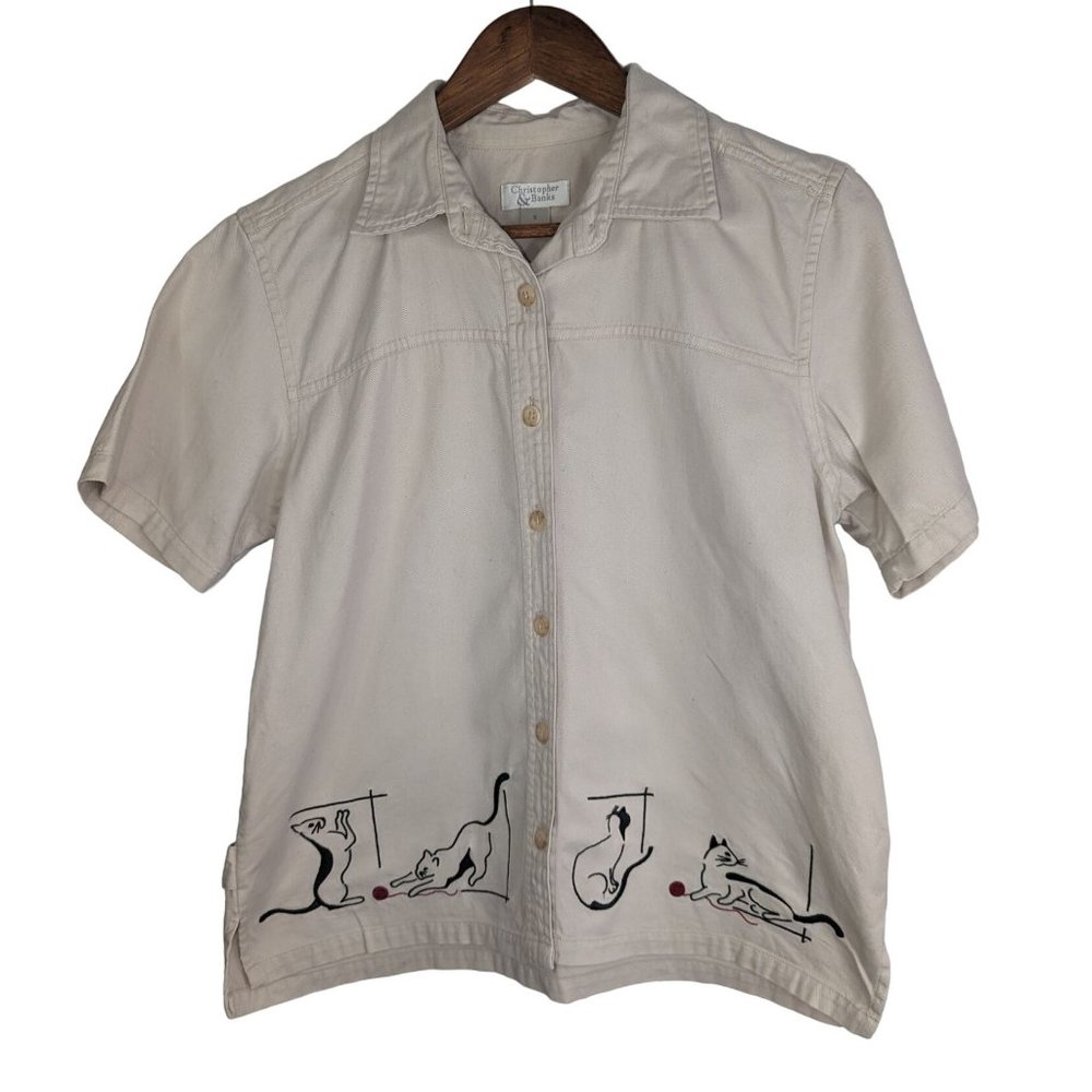 Vtg 2003 Christopher & Banks Embroidered Cat's Playing Women's camp Shirt sz S